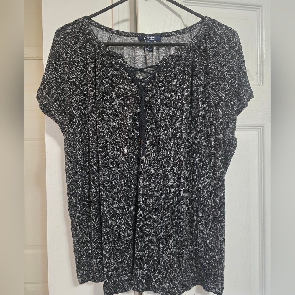 Chaps Black Lace-Up Blouse 1X
